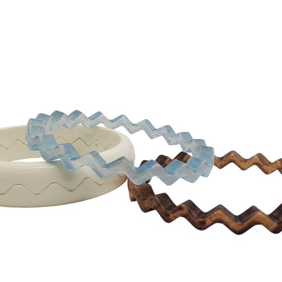Acrylic Puzzle Bangles Zig Zag Bracelet Blue Brown Off White Wavy Interlocking - Picture 5 of 12